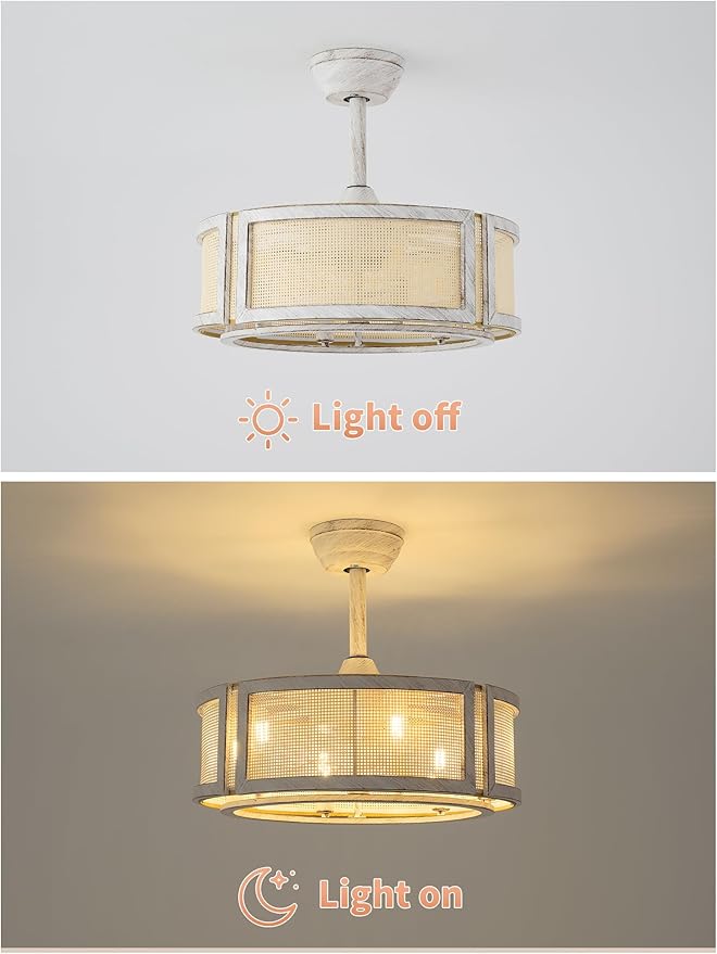 20" Boho Fandelier Ceiling Fan with Light,6 E12 Bulbs Include, Rattan Chandelier Ceiling Fans with Lights Remote Control, Mid-Century with 6 Speeds for Bedroom, Nursery, Living Room