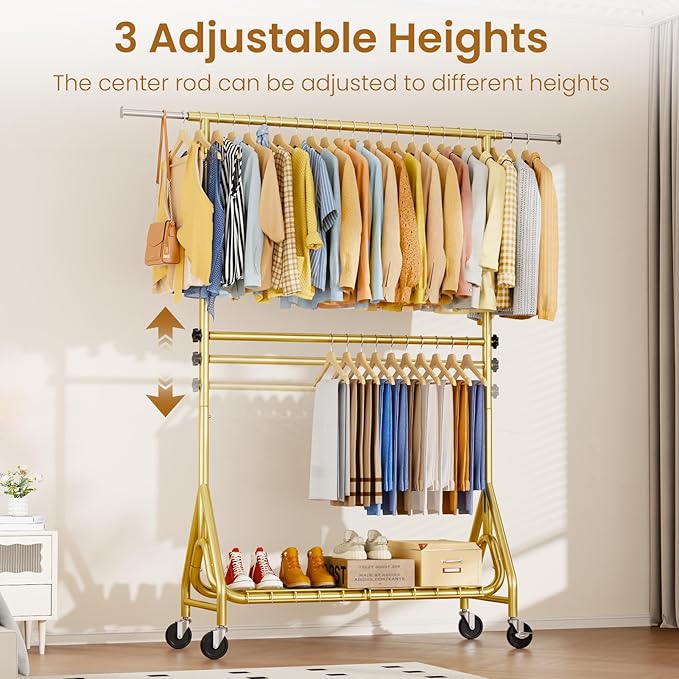 Heavy Duty Clothes Rack for Hanging Clothes, Double Rods Clothing Rack with Lockable Wheels, Rolling Metal Garment Racks Heavy Duty, Portable Wardrobe Closet Racks, Gold
