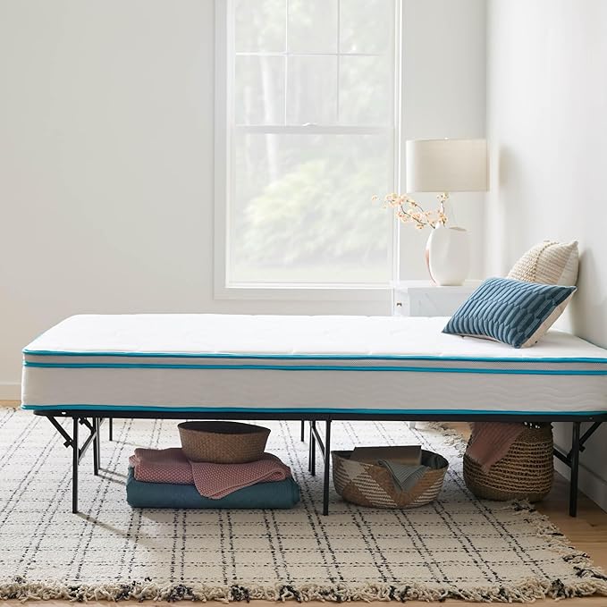 Linenspa 8” Memory Foam and Innerspring Hybrid Mattress + 14” Black Metal Platform Bedframe – Queen Mattress + Metal Folding Queen Bedframe