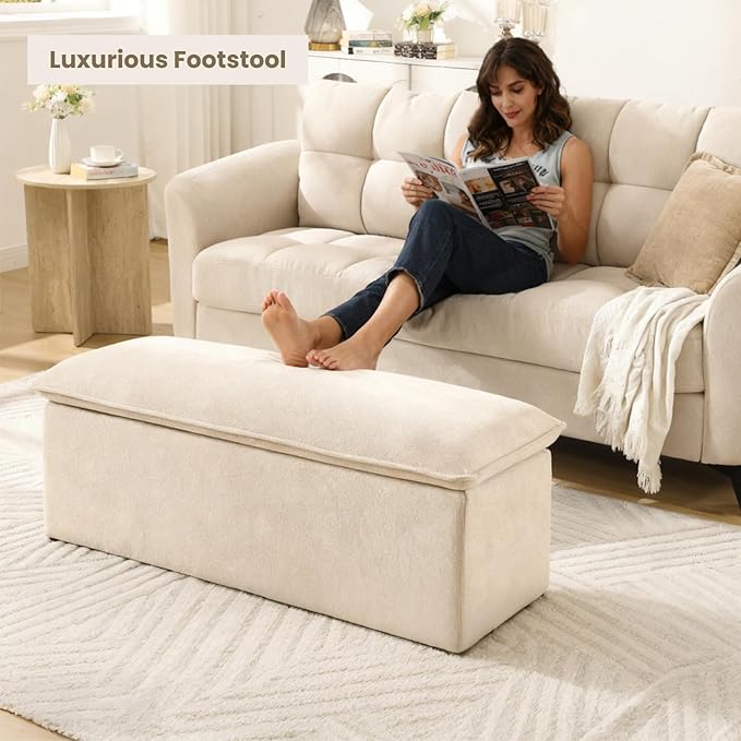 45.5 Inch Storage Ottoman Bench, Modern Upholstered Chenille End of Bed Bench with 2 Safety Hinge, Entryway Bench with Seating for Bedroom Living Room, Oatmeal