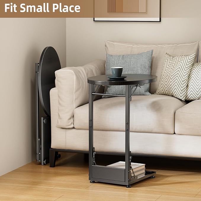 Elbourn Folding Side Table End Couch Tables, C-Shaped End Table for Living Room, Small End Table for Bedroom, Coffee Table (Black)