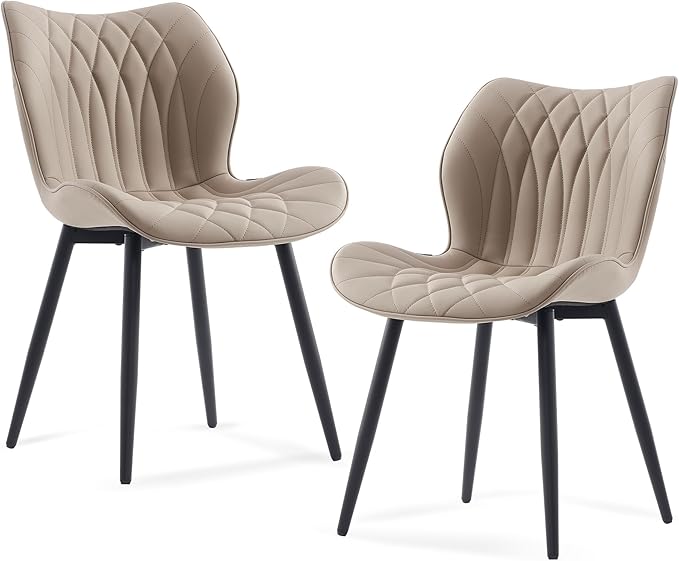 Kidol & Shellder Dining Chairs Set of 2 Modern Kitchen Chairs with Back Armless Accent Chairs for Living Room Upholstered Faux Leather Chair Mid Century Comfy Side Chair with Metal Legs, Khaki
