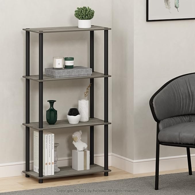 Furinno (99557GYW/BK) Turn-N-Tube 4-Tier Multipurpose Shelf Display Rack - French Oak Grey/Black