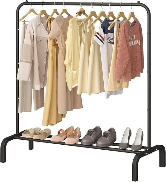 JIUYOTREE Metal Clothing Rack, 43.3 Inches Garment Rack with Bottom Shelf for Hanging Clothes, Coats, Skirts, Shirts, Sweaters, Black