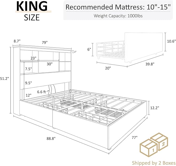 AMERLIFE King Size Bed Frame Wooden Platform Bed with 51.2" Storage LED Bookcase Headboard, 4 Storage Drawers & Charging Station/No Box Spring Needed/Noise Free/Rustic Grey