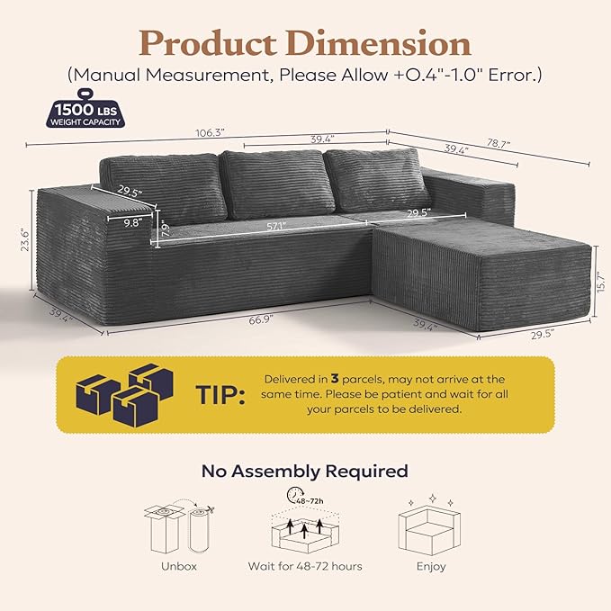 106" Modular Sectional Sofa with L-Shape Chaise, Right/Left Facing Deep Seat Cloud Couch, No Assembly Required, Upholstered Couch for Living Room Bedroom (Plush Corduroy Fabric, Grey)