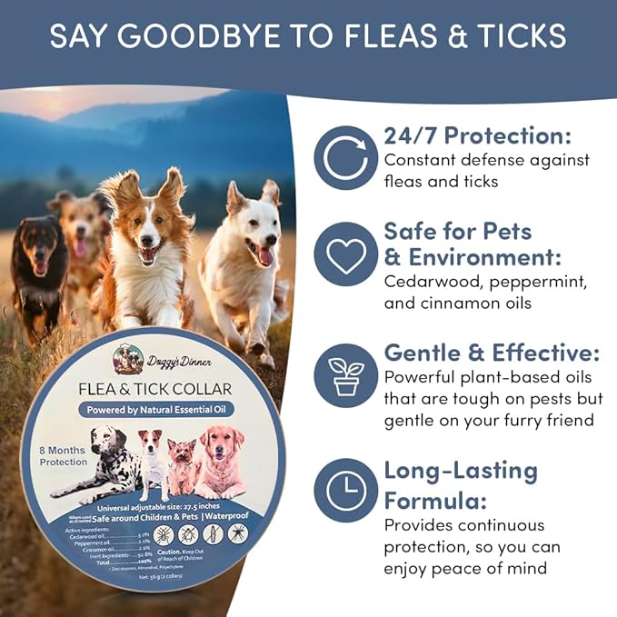 Natural Flea and Tick Collar for Dogs & Cats – 8 Month Protection – Waterproof, Adjustable – 2 Pack – Essential Oils, Chemical-Free, Safe for Pets, People & The Planet