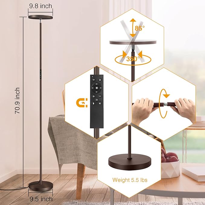 OUTON Floor Lamp, 30W/3000LM LED Modern Torchiere Sky Lamp, Dimmable Bright Standing Tall Lamp with 4 Color Temperatures, 1 Hour Timer, Remote Touch Control for Living Room Bedroom, Office, Bronze