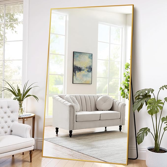 Full Length Mirror, 88"x44" Floor Mirror Freestanding, Oversized Floor Standing Mirror Full Body Mirrors with Stand for Bedroom, Hanging Mounted Mirrors for Living Room Cloakroom, Gold, Rect