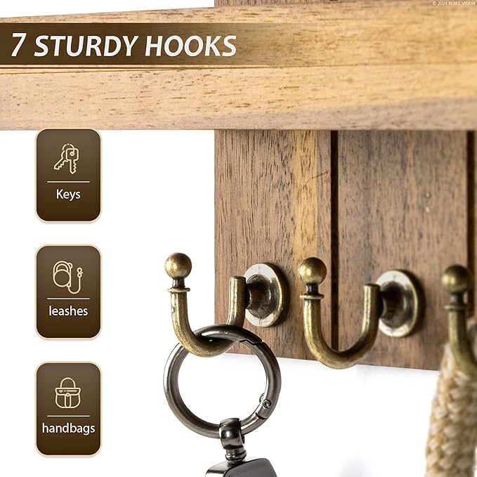 Rebee Vision Key Holder Wall Mount for Home Decor - Key Holder for Wall with Floating Shelf for Hanging Coats & Hats - to Elevate Farmhouse Decor (Acacia Wood, 3.54''×15''×7.28'')