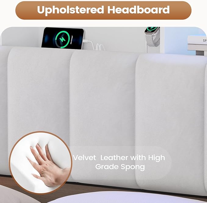 AOGLLATI Queen Bed Frame with Stylish Bookcase Headboard & Charging Station & LED Lights,Queen Size Bed Frame with 4 Drawers, Metal Slats, No Box Spring Needed,White