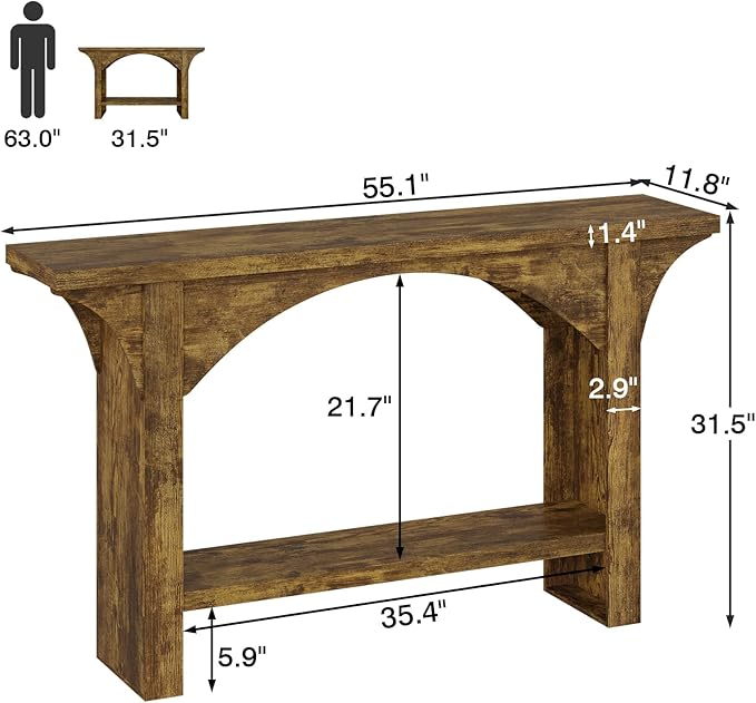 55 Inches Console Table,2 Tier Farmhouse Entryway Table,Narrow Wood Accent Tables with Storage Shelves for Living Room,Entrance,Hallway,Foyer (Brown)