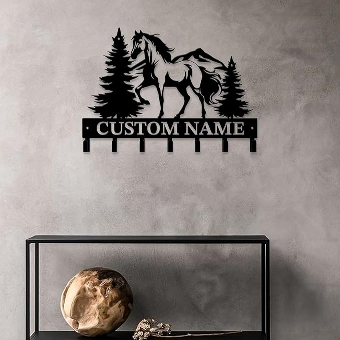 Personalized Custom Name Farm Horse Wall Key Hooks,Metal Horse Art Clothes Hooks,Metal Horse Wall Home Storage Decorative,For Front Door, Hallway, Kitchen, Bedroom,Keys,Hats (Style K)