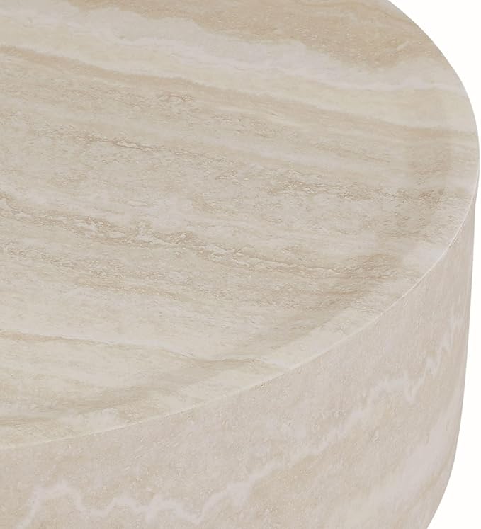 Round Coffee Table 31.49'' Marble Pattern Drum Shaped Coffee Table Fiberglass Cocktail Table Center Table for Living Room ome Office, Fully Assembled, White