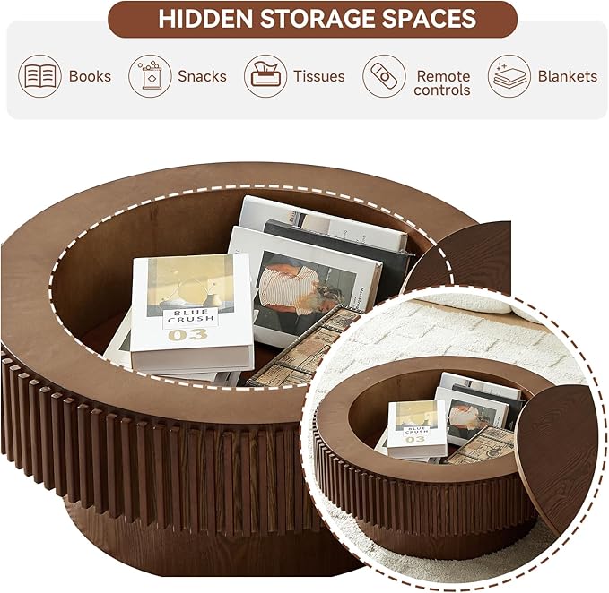 Round Coffee Table for Living Room,Fluted Drum Accent Tea Center Table with Storage,Circle Modern Coffee Tables for Small Space Office Apartment (31.5" L×31.5''W×14''H-Walnut)