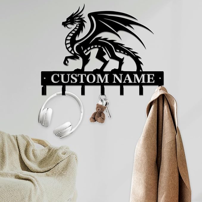 Personalized Evil Dragons Keys Hooks,Custom Name Metal Dragons Art Keys Hooks,Metal Dragons Lover Wall Home Storage Decorative Keys Hooks,Key Holder Hooks for Wall (Style F)