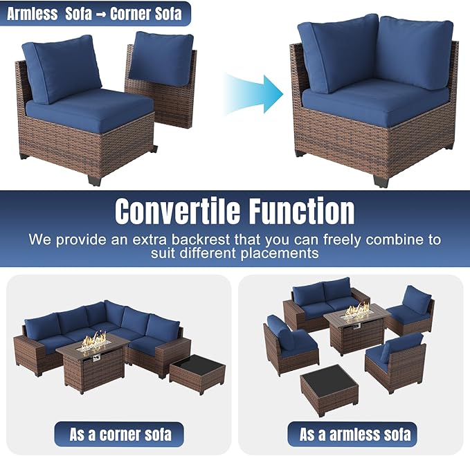 Aoxun 7 Pieces Patio Furniture Set with 44” Fire Pit Table Wicker Rattan Outdoor Sectional Conversation Set with Coffee Table and 4” Thickened Cushions, Blue(Waterproof Cover Included)