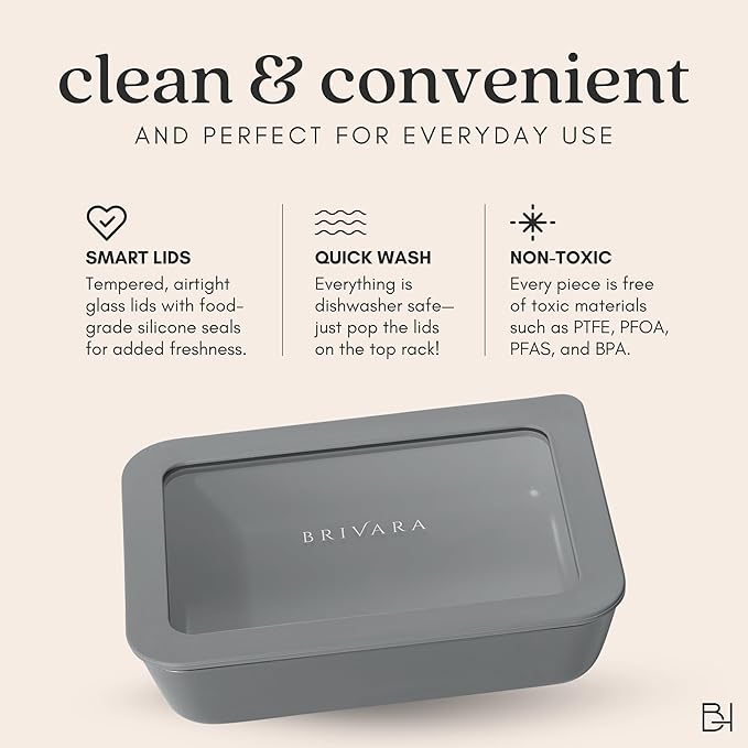 Ceramic Coated Glass Food Storage Container | No PTFE, PFOA, PFAS, and BPA | Reusable Non Toxic Meal Prep Container with Glass Lid | Easy To Store | 8 Cup Square [Smoke]