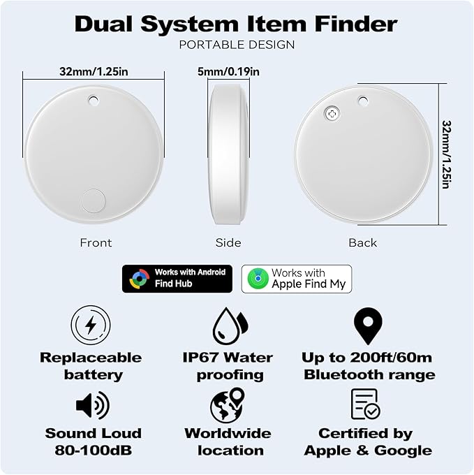 Dual System Smart Tag Tracke for iOS and Android, Smart Bluetooth Tracker Work with Apple Find My or Google Find Hub App, Keys Finder Item Locator, IP67 Waterproof (White, 1 Pack)