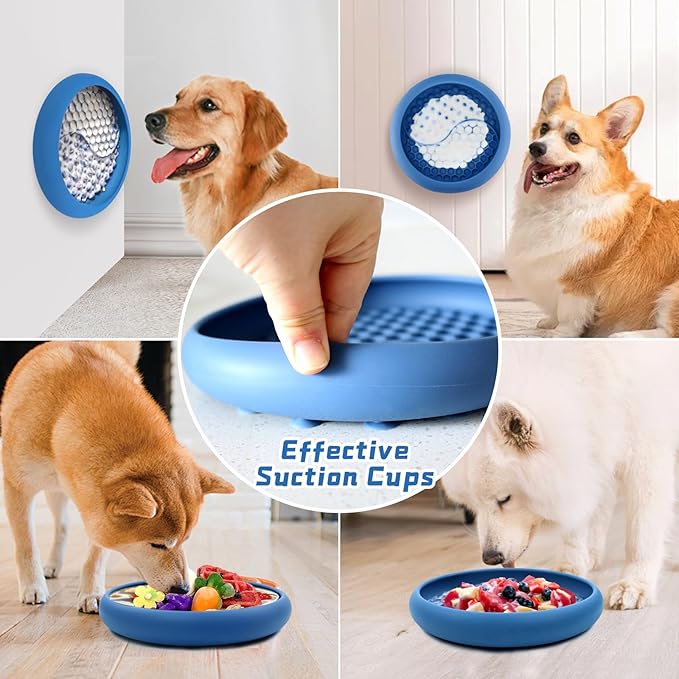 Dog Lick Bowl, Non-Slip Dog Slow Feeder Licking Mat Treat Dispenser, Interactive and Enrichment Toys, Boredom & Anxiety Reducer, BPA Free Silicone (Dark Blue, Large)