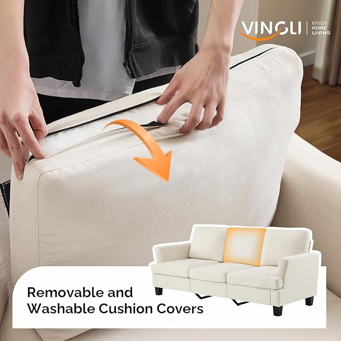 VINGLI White 83" Sofa Couches for Living Room, Faux Suede Modern Comfy 3 Seater Couch 25.6" Deep Seat Upholstery Cozy Sofas for Small Space, Bedroom, Apartment, Home Office