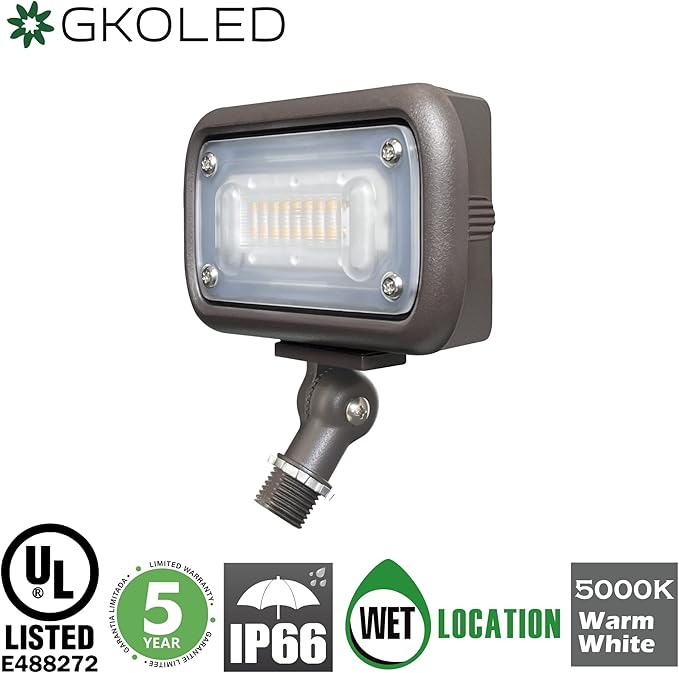 GKOLED 15W LED Floodlight, Outdoor Security Fixture, Waterproof, 1500 Lumens, 50W MH Equivalent, 5000K Daylight White, 120-277V, UL-Listed