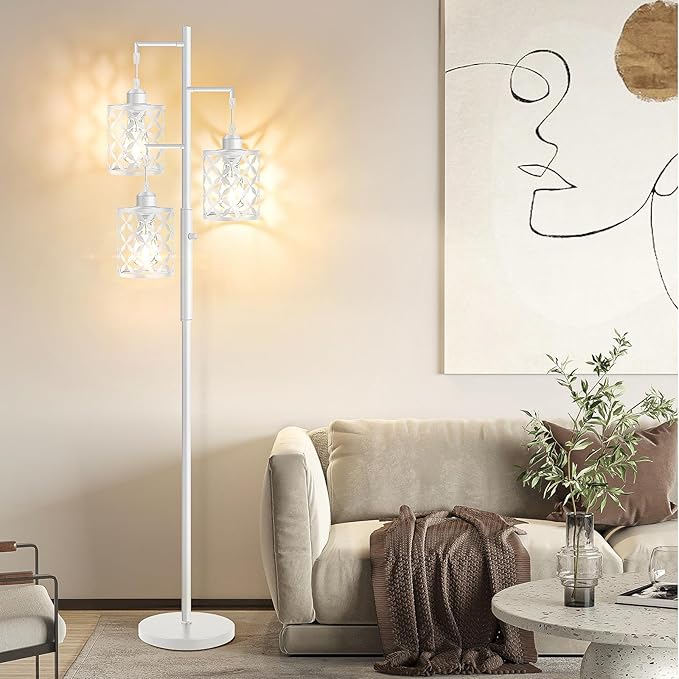 【Upgraded】72" Tall Dimmable Floor Lamp, Modern Standing Lamp with Elegant Metal Cages, Industrial Tree Floor Lamps for Living Room, Bedroom, Study Room, Office (3 x 800LM LED Bulbs Included) - White