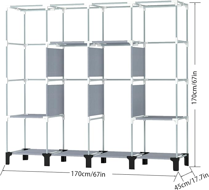Non-Woven Wardrobe, No Tools Required, Large Capacity, Easy Assembly, Movable, Storage Rack, Waterproof, Dustproof, Stain Resistant, Black, 67.7 x 172 cm (Grey, X-Large)