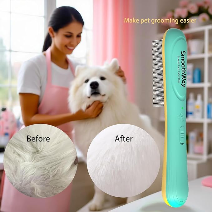 Professional 3-Row Tick & Flea Comb for Pets - Stainless Steel Teeth with Negative Ion Technology | Electric Grooming Tool for Tick Removal on Dogs, Cats & Long-Haired Animals
