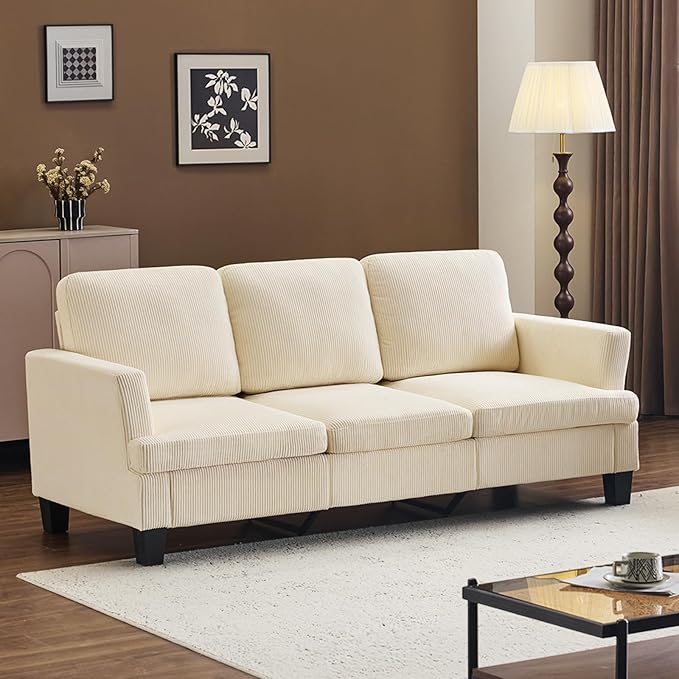 VINGLI Beige 83" Sofa Couches for Living Room, Corduroy Modern Comfy 3 Seater Couch 25.6" Deep Seat Upholstery Cozy Sofas for Small Space, Bedroom, Apartment, Home Office