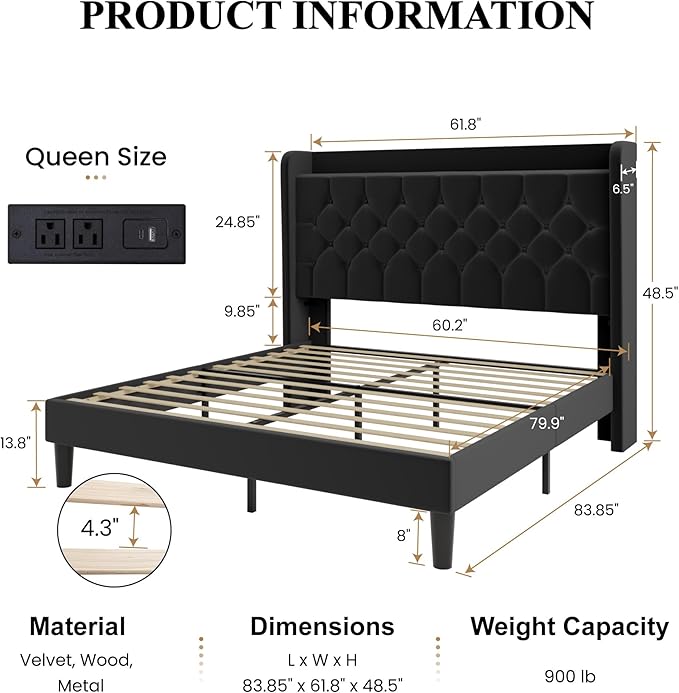 SHA CERLIN Queen Size Platform Bed Frame with Charging Station, Velvet Wingback Headboard with Storage Shelf, Wooden Slats Support, Ample Under-Bed Space, No Box Spring Needed, Easy Assembly, Black