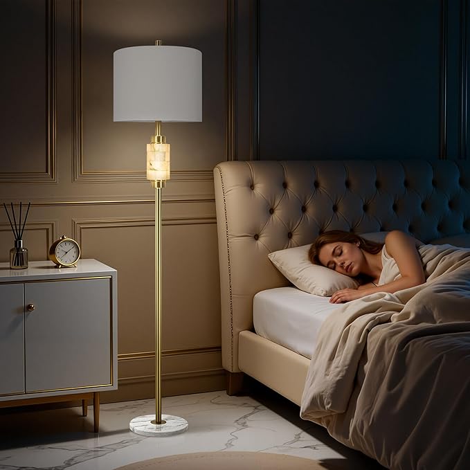Floor Lamps for Living Room with Night Light, Alabaster Standing Lamp with Linen Shade, Rotary Switch, Marble Tall Lamp, Gold Floor Lamps for Bedroom Living Room Office (Bulb Included)