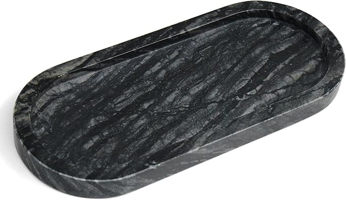 100% Real Natural Marble Tray for Bathroom, Luxury Ancient Wood Grain Stone Vanity Tray, Decorative Oval Trays for Countertop Storage Organizer, Vanity Dresser Kitchen Home Decor, Black