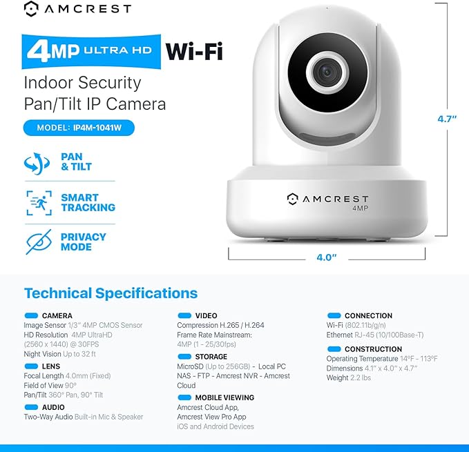 Amcrest 4MP ProHD Indoor WiFi, Security IP Camera with Pan/Tilt, Two-Way Audio, Night Vision, Remote Viewing, 4-Megapixel @30FPS, Wide 90° FOV, IP4M-1041W (White)