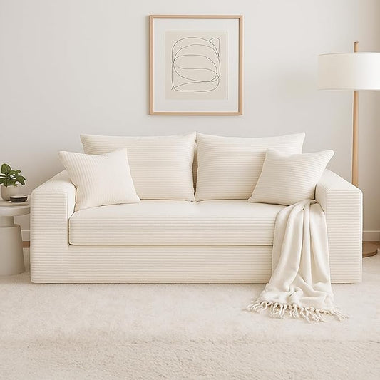 Convertible Sofa Bed, 3 in 1 Loveseat Folding Couch Bed Foldable - Chaise Lounge Chair & Floor Futon Sleeper, Corduroy Pull Out Sofa Bed with 4 Pillows for Living Room, Beige