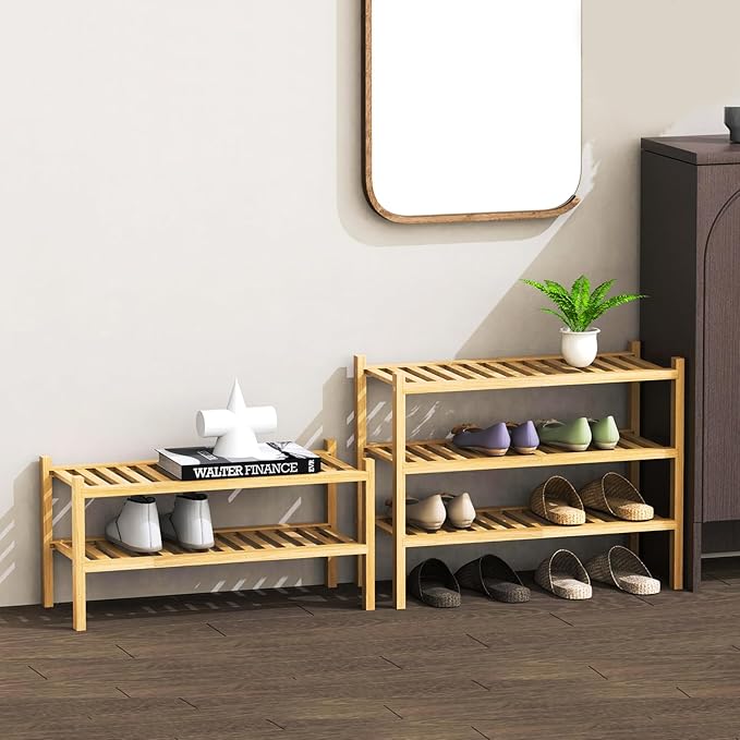 Shoe Rack 3-Tier Organizer-Stackable Storage Shelf with Multi-Function Combinations-Free Standing Bamboo Shoe Racks for Closet,Entryway,Hallway,Bathroom,Living Room Shoe Organization (Natural,3-Tier)