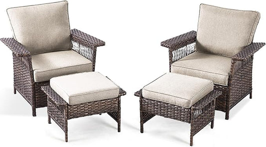 4 Pieces Wicker Patio Furniture Set - Hollow Widen Armrests Comfy Outdoor Rattan Chairs with Ottomans, Small Patio Convention Set for Balcony Porch Deck and Yard - Brown/Beige