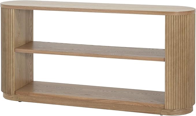 Modern Curved Console Table 59-Inch Oval Fluted Entry Sofa Table with Open Storage Shelves for Living Room Entryway Hallway Furniture, Natural