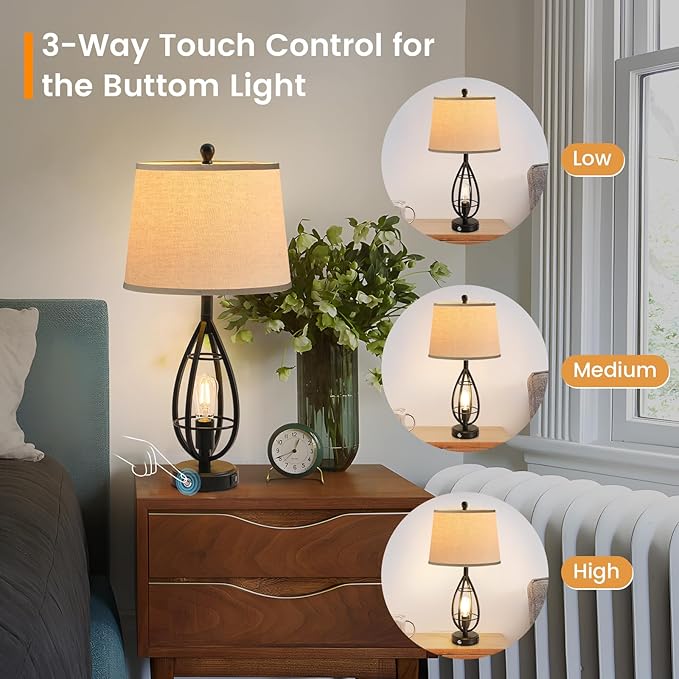 27.8" Farmhouse Table Lamps for Living Room Set of 2, Rustic Nightstand Lamps for Bedroom End Tables with USB Ports, 3-Way Dimmable Touch Industrial Bedside Lamps, Bulbs Included(Black)