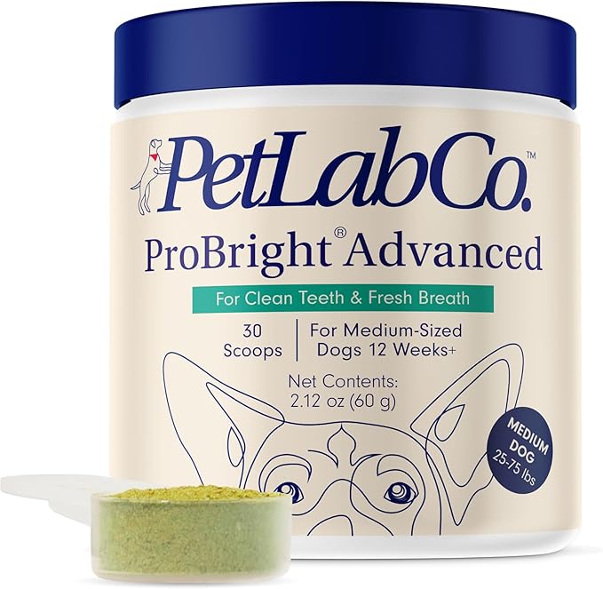 PetLab Co. ProBright Advanced Dental Powder - Dog Breath Freshener - Teeth Cleaning Made Easy – Targets Tartar & Bad Breath - Packaging May Vary - Formulated for Medium Size Dogs