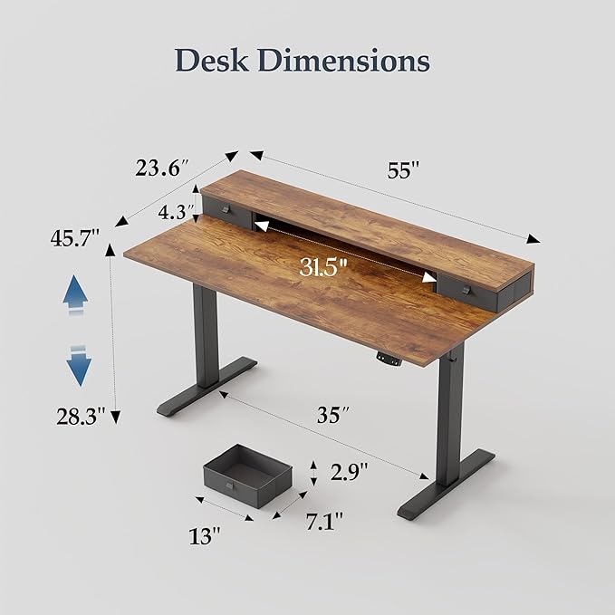 Klicelor 55 Inch Electric Standing Desk with Drawers, Adjustable Height Small Sit Stand Desk for Home Office, Compact Computer Workstation with Storage– Rustic Brown
