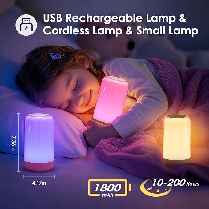 COOLNIGHT Touch Lamps for Nightstand Lamp, 16 Colors Mood Lighting Battery Powered Lamp,Dimmable Night Light for Kids,1800mah Rechargeable Lamps for Bedroom, Cordless Battery Mini Portable