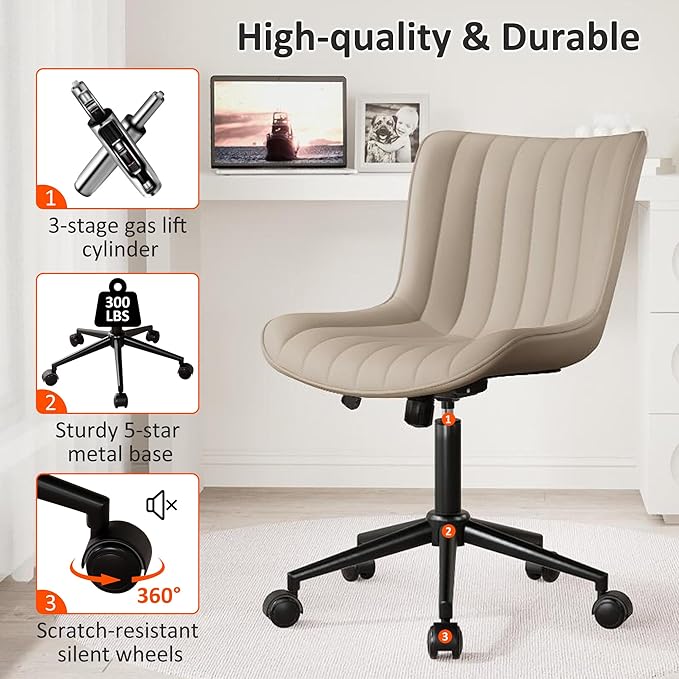 Kidol & Shellder Khaki Leather Home Office Desk Chair with Wheels Modern Cute Armless Executive Swivel Vanity Chair with Comfy Padded Back Ergonomic Rolling Adjustable Computer Task Chair Small