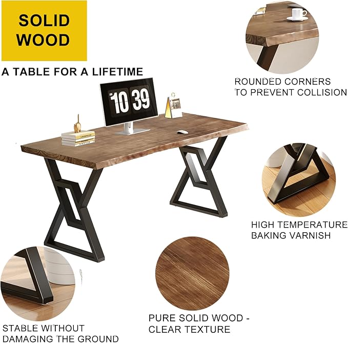 Rustic Brown 55-inch Solid Wood Computer Desk - Modern Gaming Workbench for Home Office, Modern Simple Design, Ideal for Study, Writing, Dining