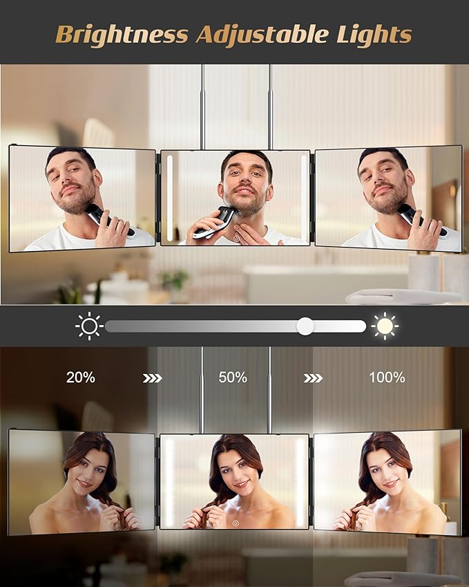 JUSRON 360 Viewing Angle Self Hair Cutting Mirror, Clear Anti-Fog HD Glass (Black with LED with Accessories)