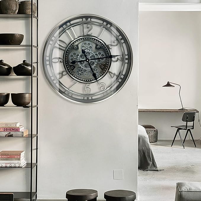 DORBOKER Real Moving Gears Wall Clock Large Modern Metal Clocks for Living Room Decor, Industrial Steampunk Unique Vintage Rustic Decorative Clock for Home Farmhouse Office, 30 Inch,Gunmetal Arabic
