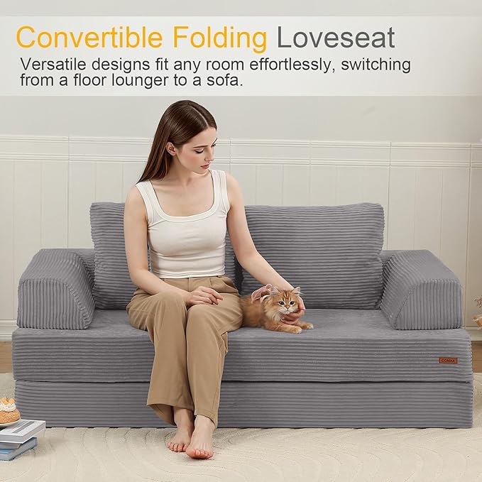 COMAX Convertible Sofa Bed, Folding Floor Couch Corduroy Fold Out Couch Bed Futon Sleeper Mattress with Pillows, Boneless Sofa Comfy Lounge Loveseat for Living Room Bedroom, Light Grey