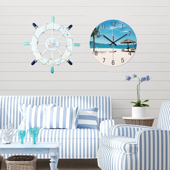 XFM Blue Beach Wall Clock 16 Inch Silent Non Ticking Wall Clocks Battery Operated Tropical Hawaii Coastal Wall Clock for Living Room Bedroom Home Office Decor