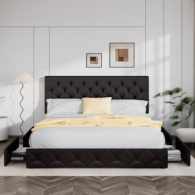 Allewie Upholstered King Size Platform Bed Frame with 4 Storage Drawers and Headboard, Diamond Stitched Button Tufted, Mattress Foundation with Wooden Slats Support, Black Brown