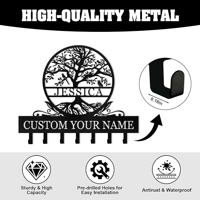 Personalized Metal Key Holder Wall Mount, Custom Name Tree of Life Key Holder for Wall, Key Organizer Rack with Hooks, Home Decor for Living Room Entryway Bathroom Kitchen, Housewarming Gifts Color04
